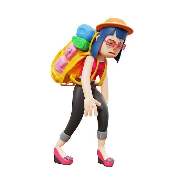 3d illustration 3d cute woman cartoon feeling tired of carrying backpack slightly bent body