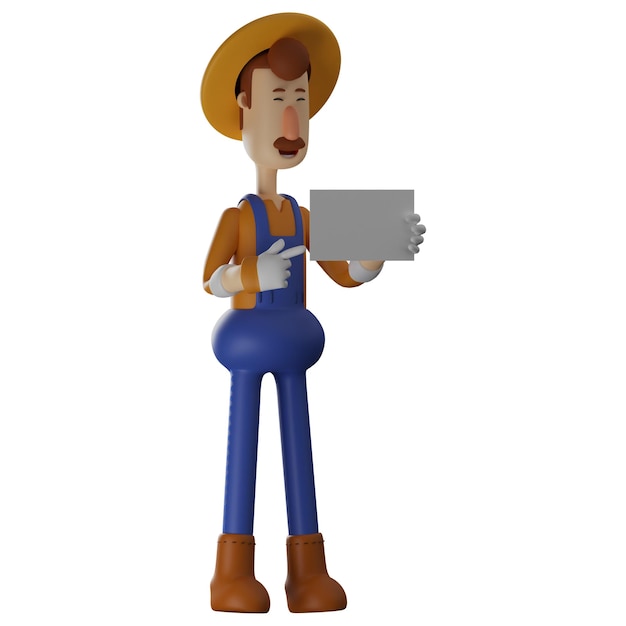 3D-иллюстрация 3D-фермер Карикатурный персонаж с квадратной белой бумагой указывает на бумагу с помощью