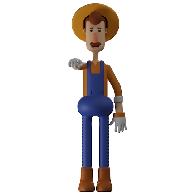 3D illustration 3D Farmer Cartoon Character with hand pointing forward wearing funny hats with a