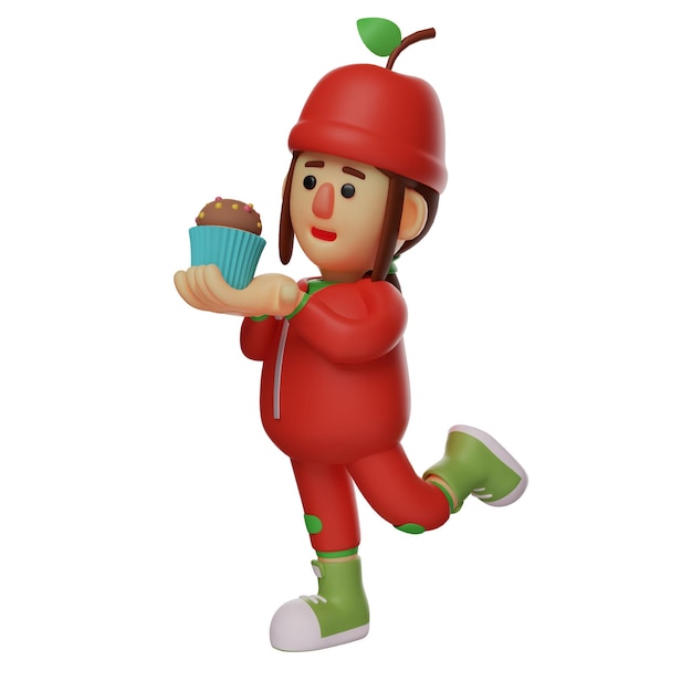 3D Illustration 3D Fruit Girl Character Cartoon Illustration holding a cupcake Stand with one leg