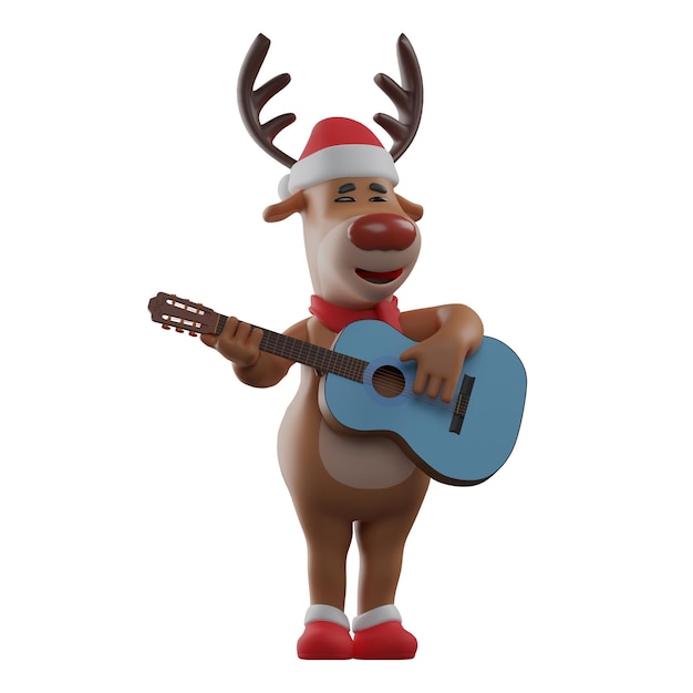 3D illustration 3D Illustration Cartoon Christmas Reindeer playing guitar showing a happy facial