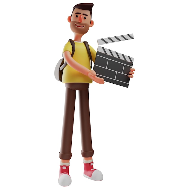 Photo 3d illustration 3d illustration cartoon photographer carrying a movie clapperboard wearing bag