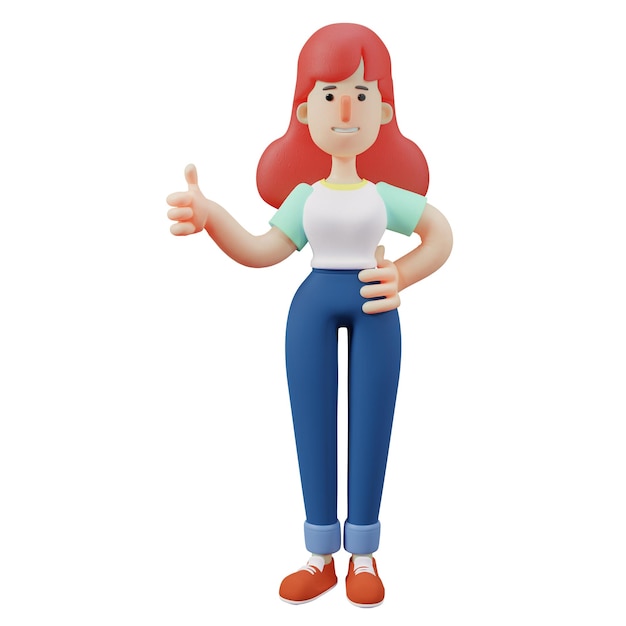 3 D イラストレーション 手を当てて親指を立てるクールなかわいい女の子キャラクターの 3 D イラストレーション