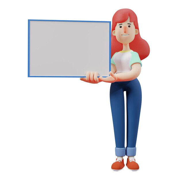 3D illustration 3D Image of Beautiful Girl holding a whiteboard showing a smile showing teeth