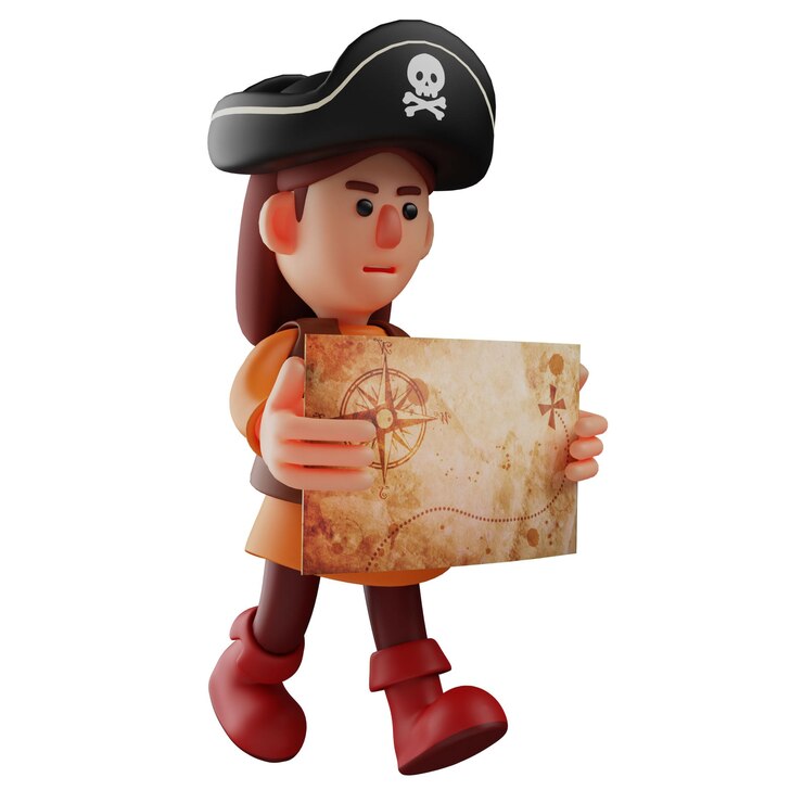 Фотография 3d-иллюстрация 3d-изображение пирата карикатурный персонаж ходит, неся карту, показывающую серьезность