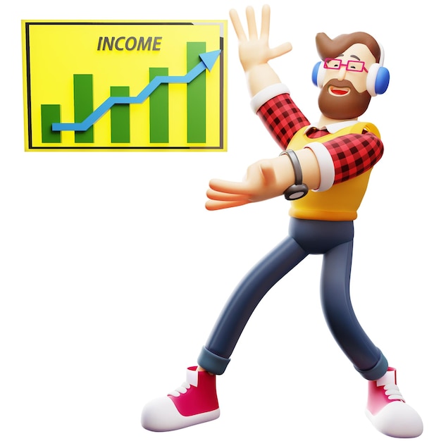 3D illustration 3D Male character showing a chart board standing next to the chart board that is