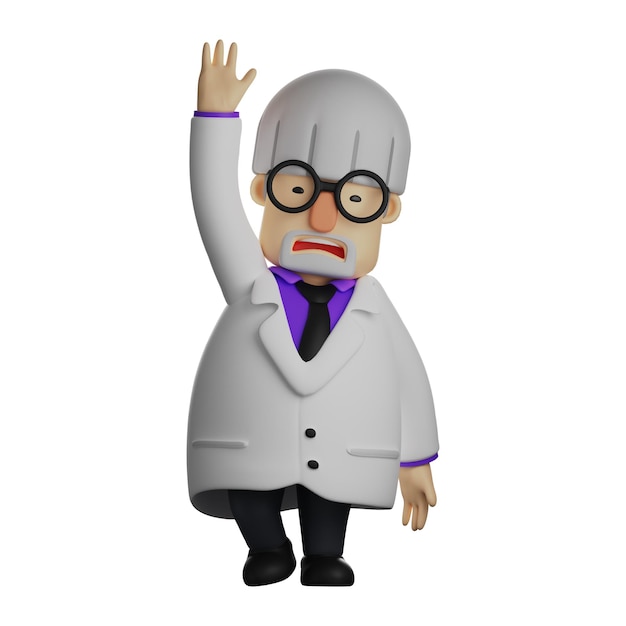 3D illustration 3D Professor Cartoon Character with one arm raised showing a tired expression