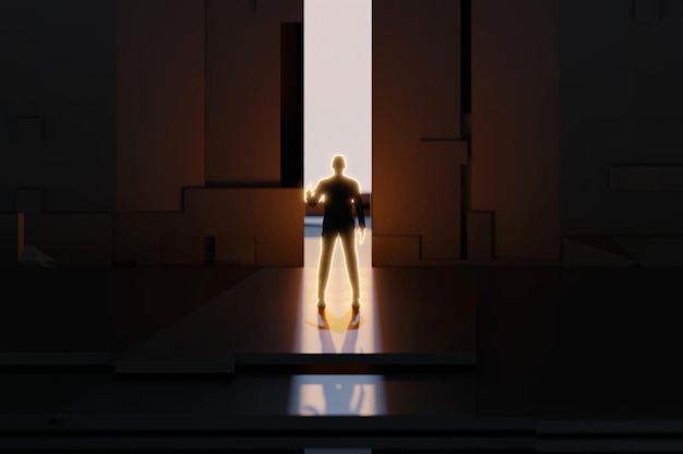 3d illustration 3d rendering businessman standing against door\
dream success opportunity and startup concept