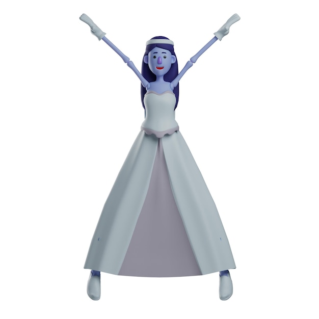 3D illustration 3D Skull Princess character showing free movement open legs and arms with a cute