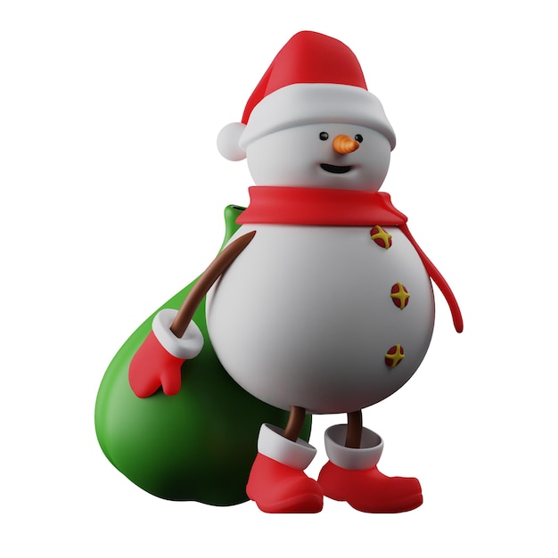 3D illustration 3D Snowman Cartoon Design carrying a big green sack has a happy expression has a