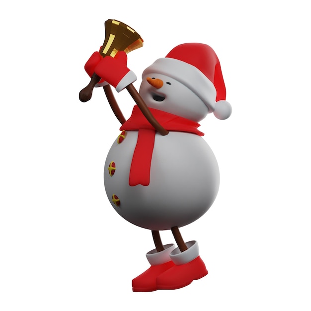 3D illustration The 3D Snowman image has a golden bell with both hands raised upwards has a cute