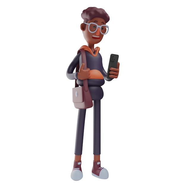 3D-иллюстрация 3D-студентский дизайн персонажа с мобильным телефоном, показывающий смешное смешное выражение лица