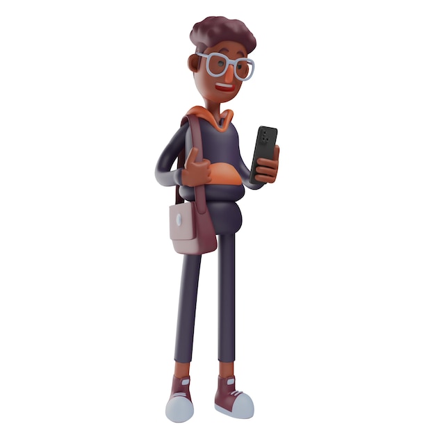 3D illustration 3D Student Character Design holding mobile phone showing a funny laughing expression