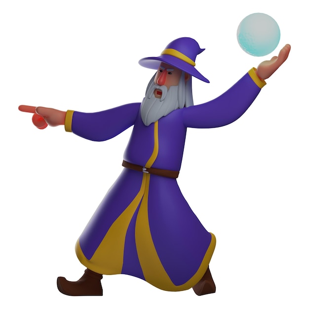 Photo 3d illustration 3d witch character throwing a glass ball in pointing pose with serious expression