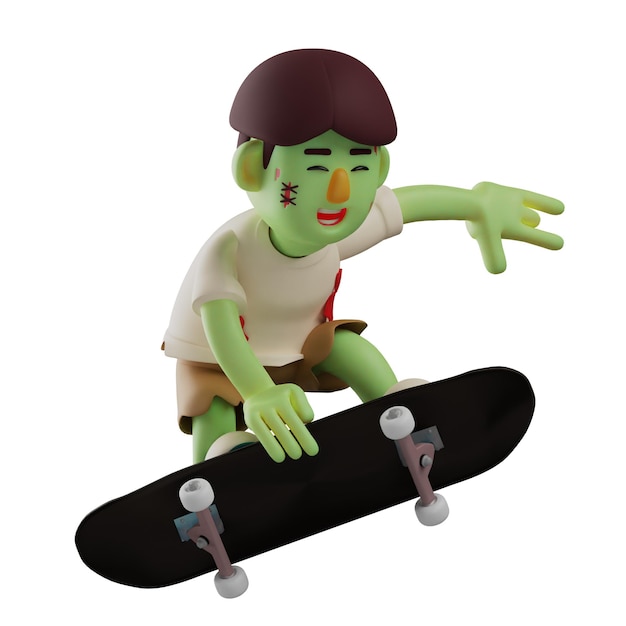 3D illustration 3D Zombie character cartoon playing a skateboard with a cute smile in a jumping