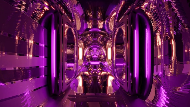 3D illustration of 4K purple reflective tunnel