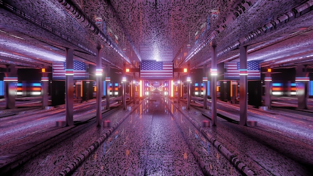 3d illustration of 4K UHD abstract background of corridor with American flag and bright neon illumination