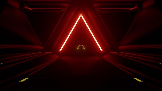 3d illustration of 4K UHD abstract background of dark endless tunnel in shape of triangle with red and yellow neon lights