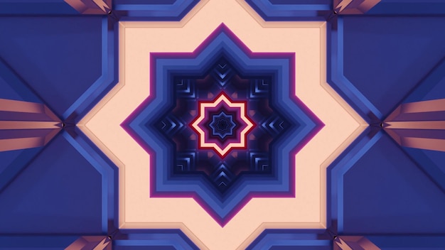 ピンクと青のネオン色で輝く星の形をした幾何学的な対称トンネルの4KUHD抽象的な背景の3dイラスト