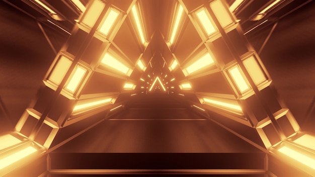 3d illustration of 4K UHD abstract background of sci fi corridor in shape of triangle glowing with sepia light