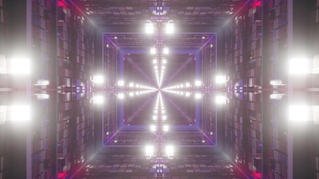 Illustrazione 3d di 4k uhd sfondo astratto del tunnel a forma quadrata con pareti progettate nello stile della bandiera americana incandescente con luci al neon