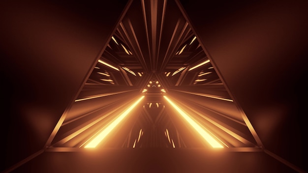 3d illustration of 4K UHD abstract background of symmetric triangle shaped corridor with glowing sepia color