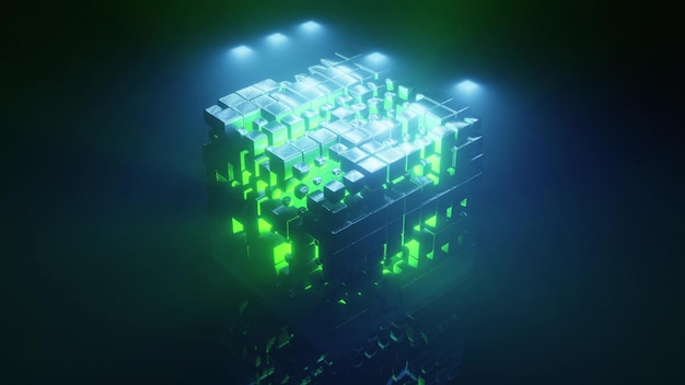 Photo 3d illustration of 4k uhd cube glowing with neon light