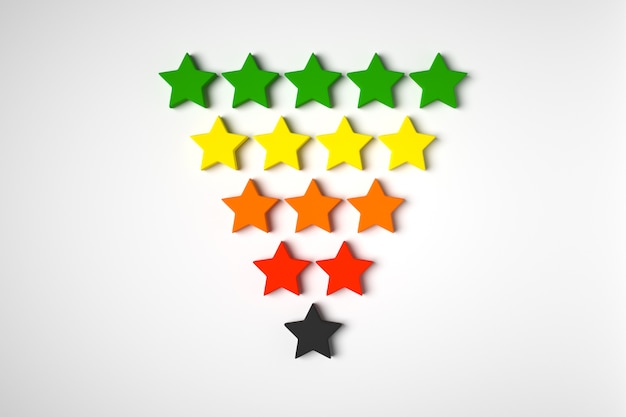 Photo 3d illustration  5 multi-colored stars stands in rows, gradually decreasing in number