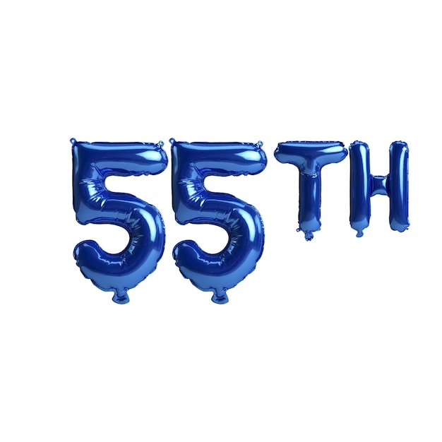 Photo 3d illustration of 55th blue balloons isolated on white background