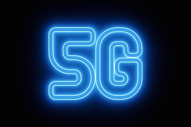 휴대 전화 또는 스마트 장치의 검정색 배경 아이콘에 5G 파란색 네온 아이콘의 3D 그림