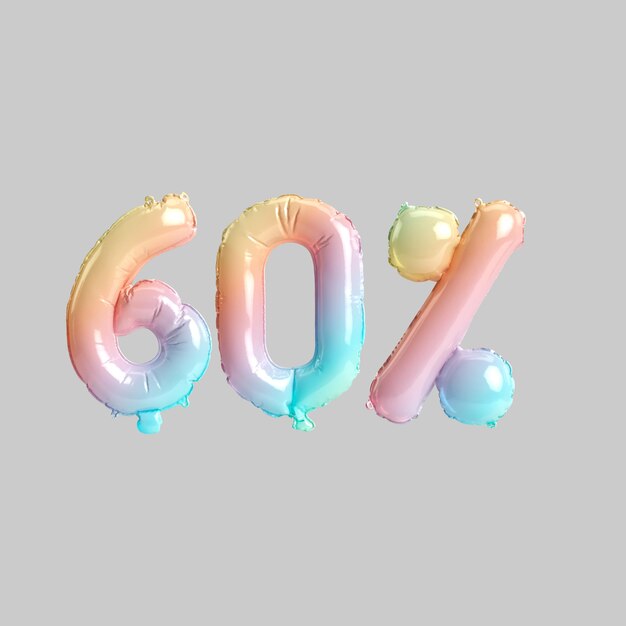 3d illustration of 60 percent rainbow balloons for kids store sales isolated on gray background