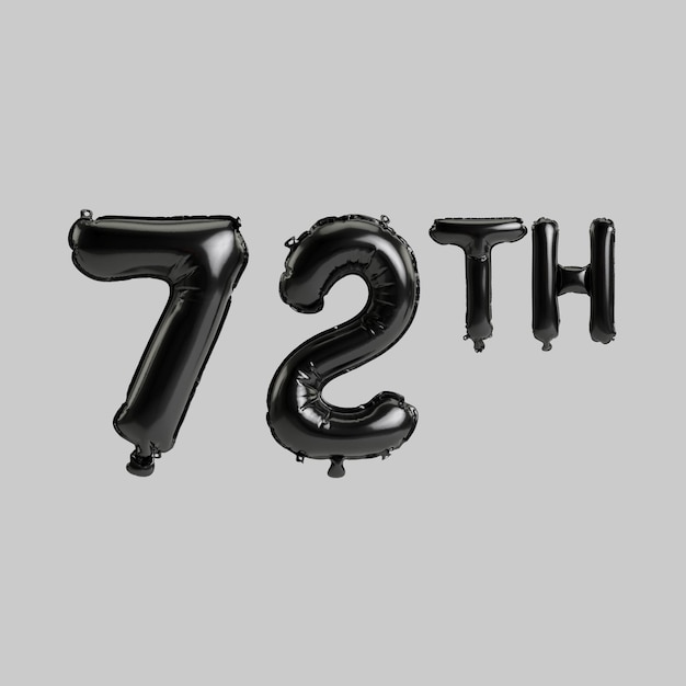 3d illustration of 72th black balloons isolated on white background