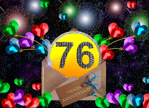 Photo 3d illustration 76 anniversary golden numbers on a festive background poster or card