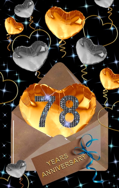 Photo 3d illustration 78 anniversary golden numbers on a festive background poster or card