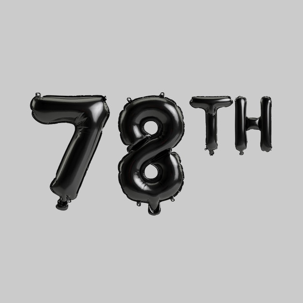 Photo 3d illustration of 78th black balloons isolated on white background