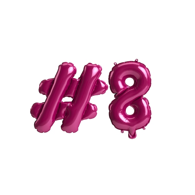 3d illustration of 8 hashtag dark pink balloons isolated on white background