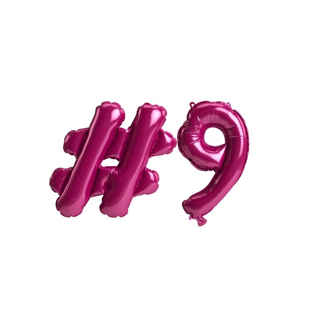 3d illustration of 9 hashtag dark pink balloons isolated on white background