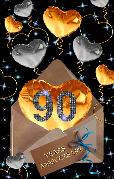 Иллюстрация: Золотые цифры 90-летия на праздничном фоновом плакате или карточке.