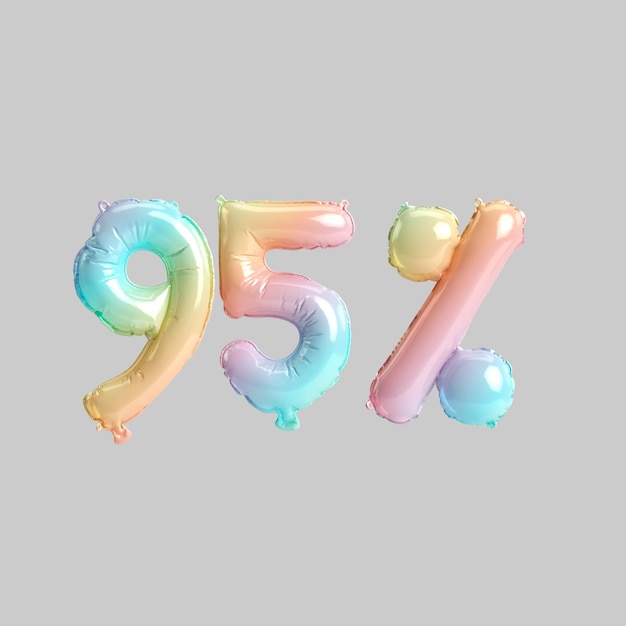 3d illustration of 95 percent rainbow balloons for kids store sales isolated on gray background