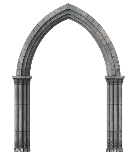 Foto illustrazione 3d castello ad arco abbandonato con una grande finestra gotica o cripta architettura medievale della cattedrale