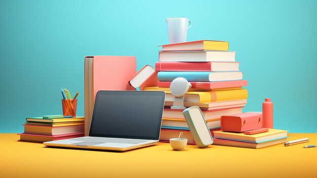 3d illustration about stacks of folders pens and laptop