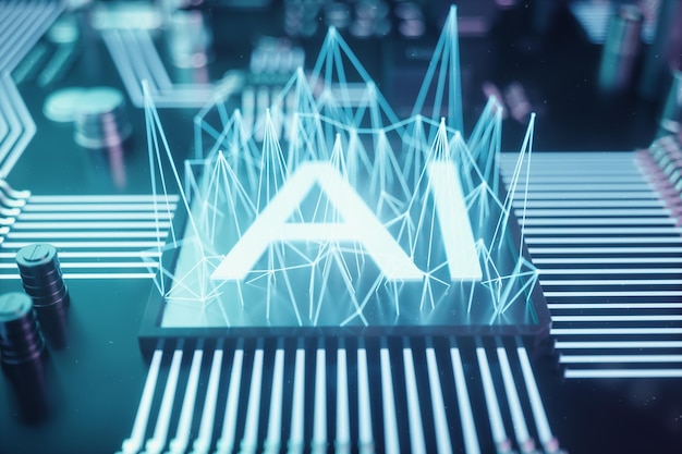 3D illustration abstract artificial intelligence on a printed circuit board. Technology and engineering concept. Neurons of artificial intelligence. Electronic chip, head processor.