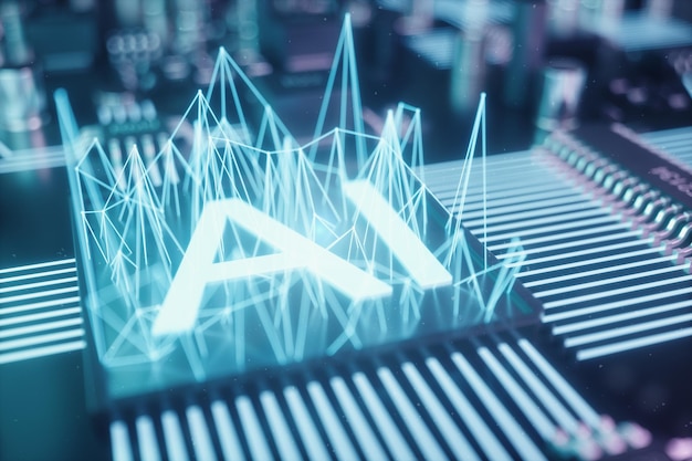 Illustrazione 3d intelligenza artificiale astratta su una scheda a circuito stampato. concetto di tecnologia e ingegneria. neuroni dell'intelligenza artificiale. chip elettronico, processore principale.