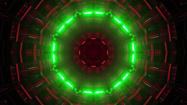 3d illustration of abstract background of bright endless round shaped tunnel glowing wit red and green illumination