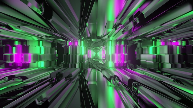 3d illustration of abstract background of endless tunnel with geometric lines glowing