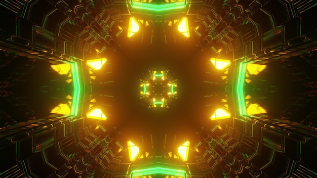 3d illustration of abstract background of futuristic tunnel in shape of cross illuminated by yellow and green neon lights