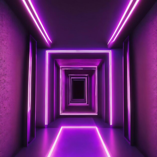 3d illustration of abstract background of geometric corridor in shape of cross glowing with purple i