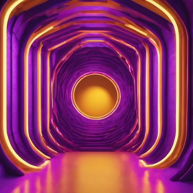 3d illustration of abstract background of round shaped geometric tunnel with bright purple and yello