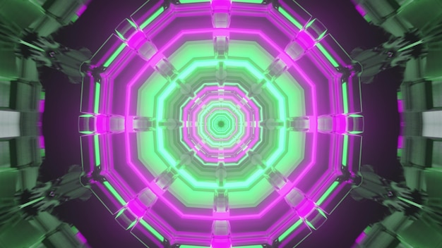 3d illustration of abstract background of round shaped shiny endless tunnel with purple and green neon lights