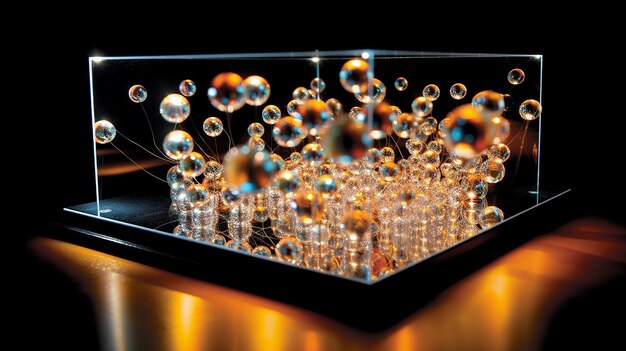 3d illustration of abstract background with bokeh lights and glass balls